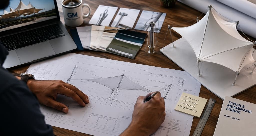 Bespoke tensile membrane engineering blueprint drawings, 3D scale model, and fabric specifications