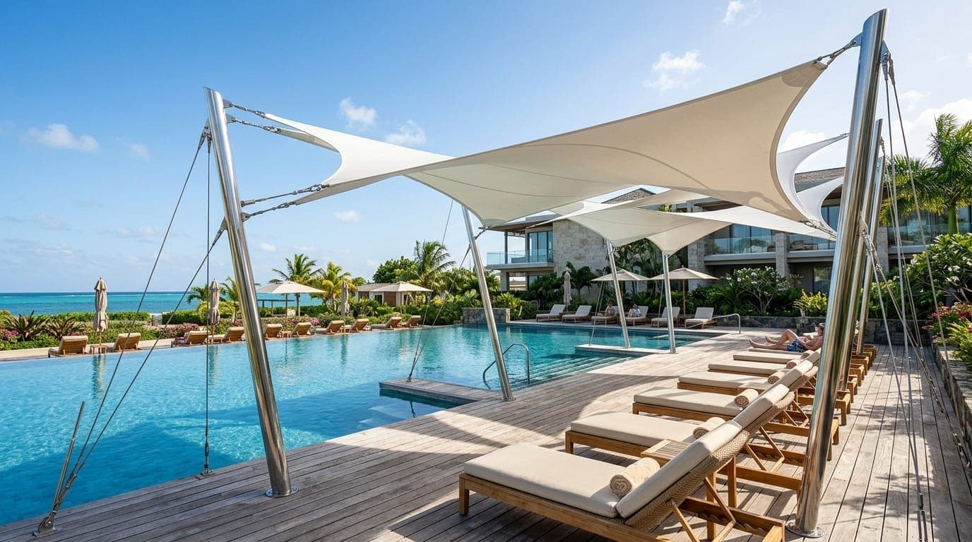 Marine-grade stainless steel tension mast, turnbuckles, and high-tension white fabric sail beside swimming pool