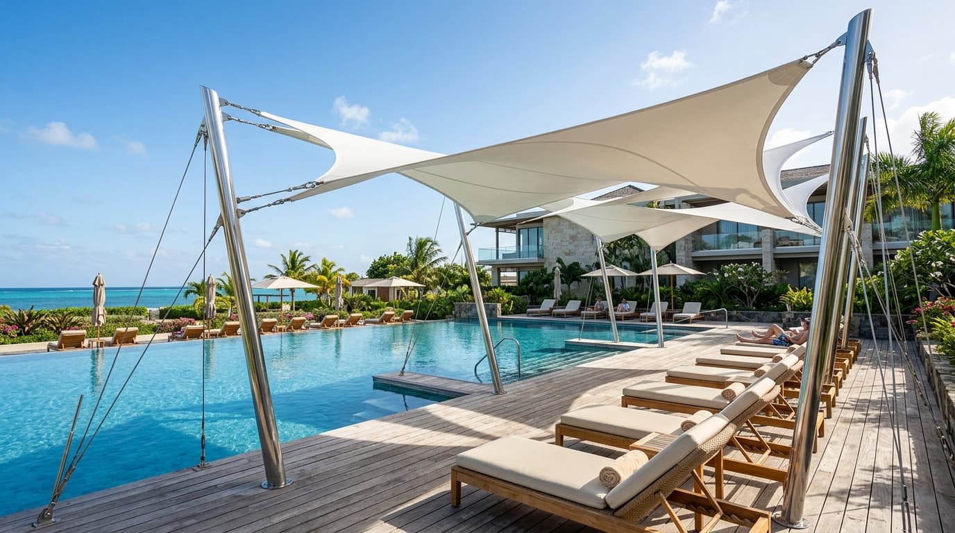 Marine-grade stainless steel tension mast, turnbuckles, and high-tension white fabric sail beside swimming pool