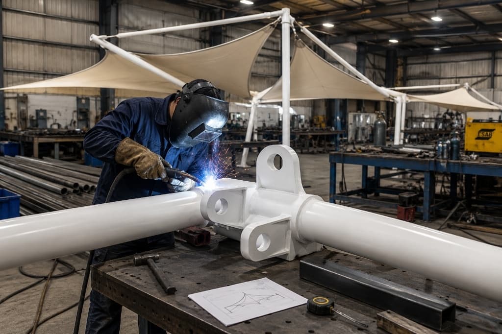 In-house precision MIG welding of heavy-duty structural steel mast nodes and joint fittings