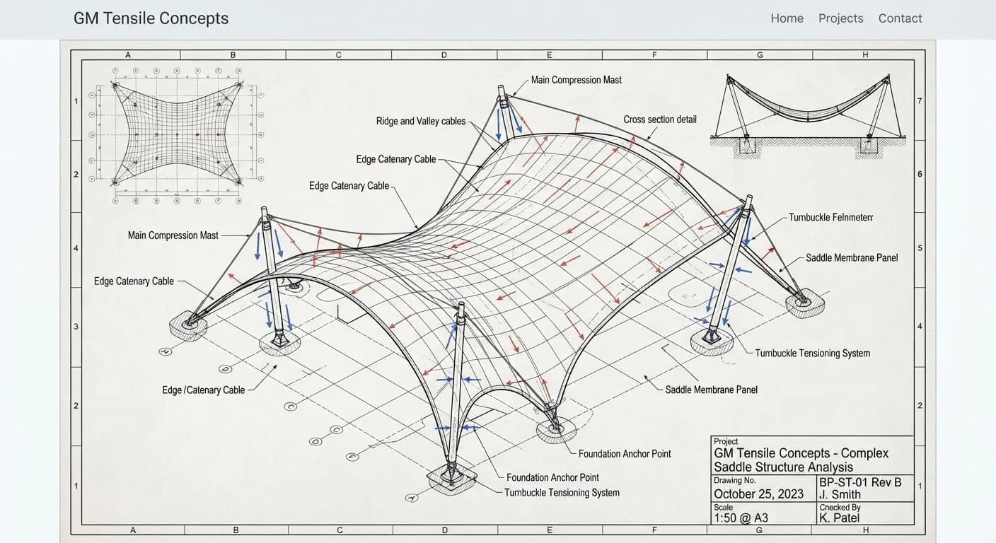 Architectural structural design and blueprint calculations for tensile membrane project