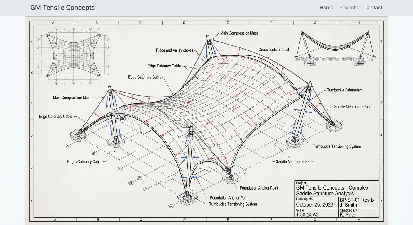 Architectural structural design and blueprint calculations for tensile membrane project