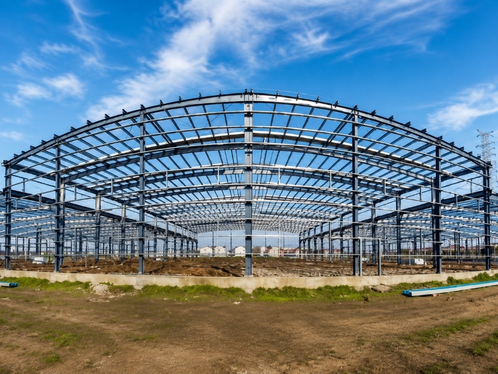Heavy structural steel frame erection with portal rafters and purlins