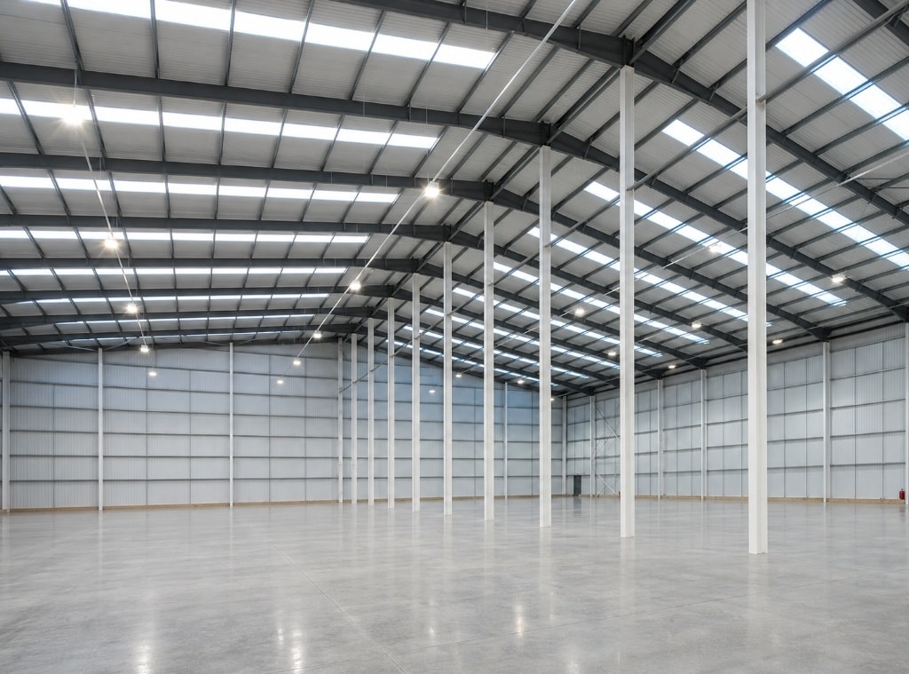 High-bay multi-span steel manufacturing and storage warehouse interior