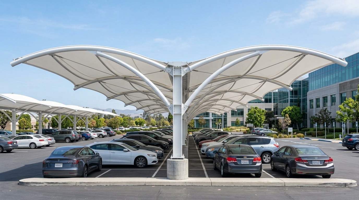 Double cantilever butterfly vehicle shade system for commercial plazas
