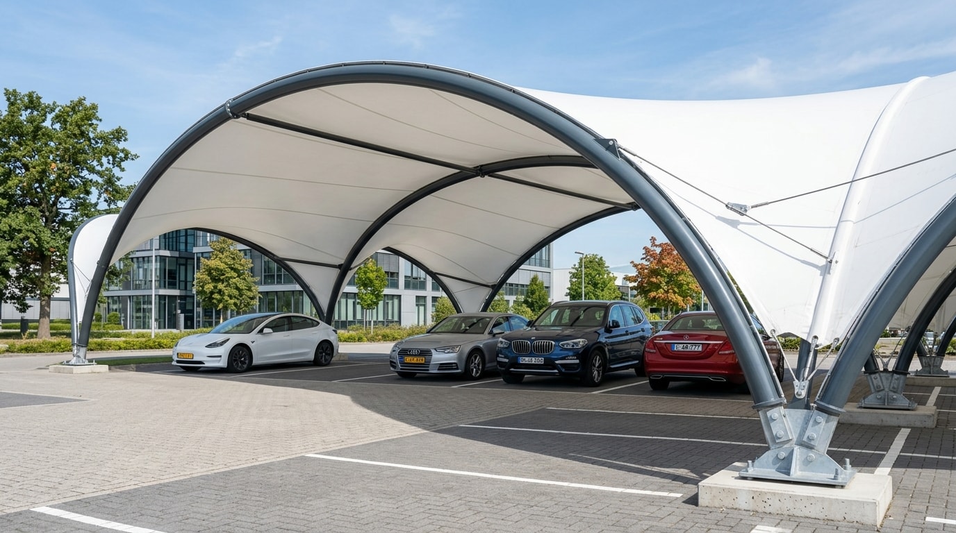 Curved arch profile car parking canopy in Lahore