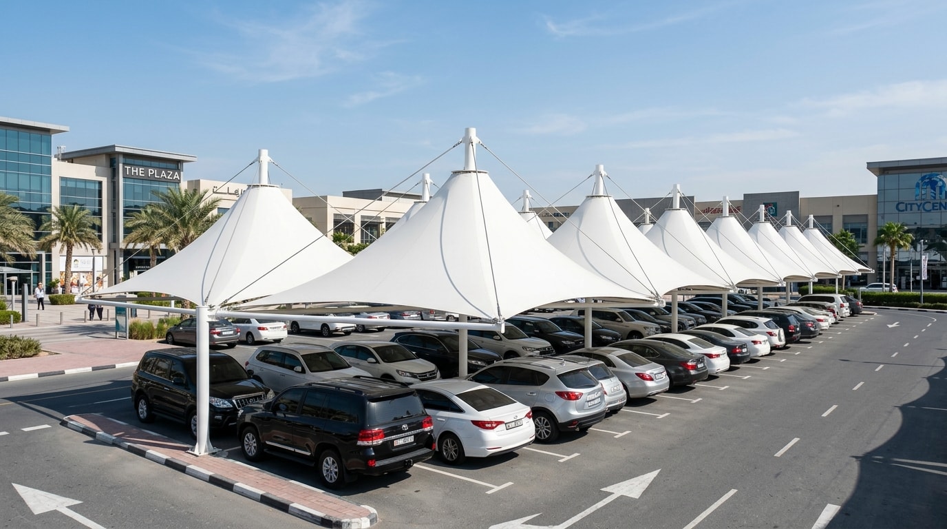 Continuous multi-bay parking lot shade installation