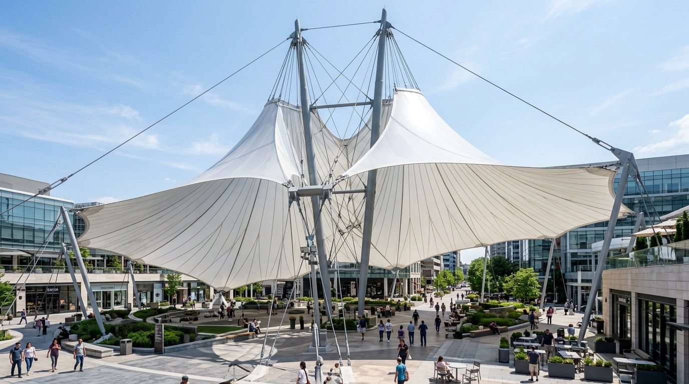 Architectural tensile fabric stretched taut over steel framework