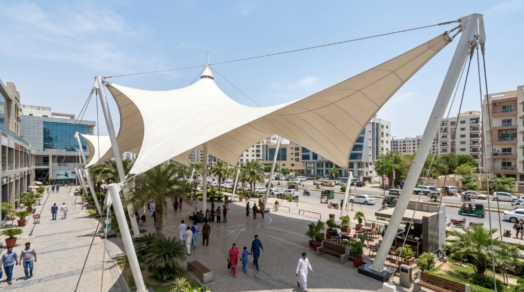 Custom conical architectural tensile membrane structure